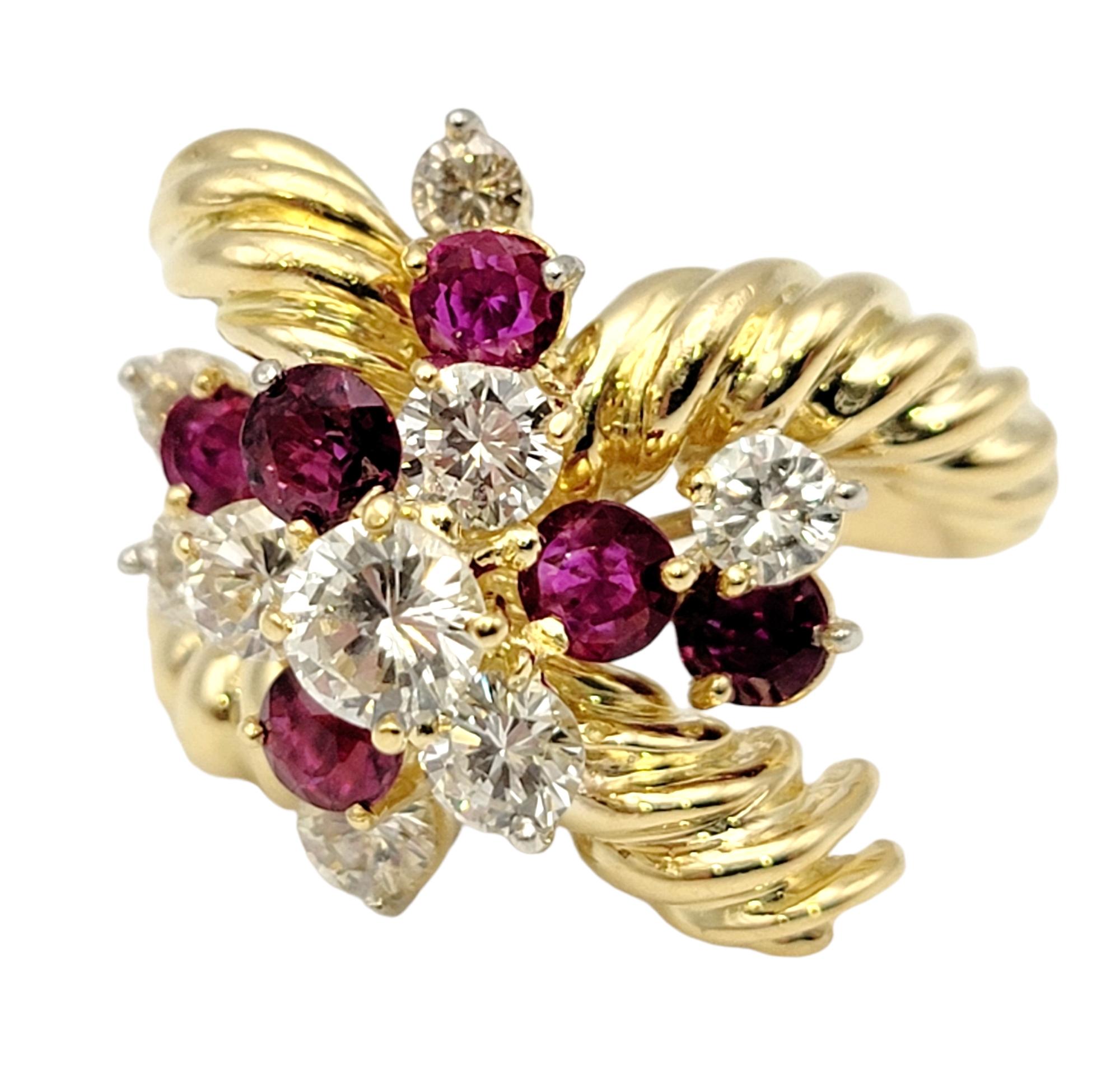 Contemporary Vintage Diamond and Ruby Cluster Spray Ring 18 Karat Yellow Gold Crossover Style For Sale