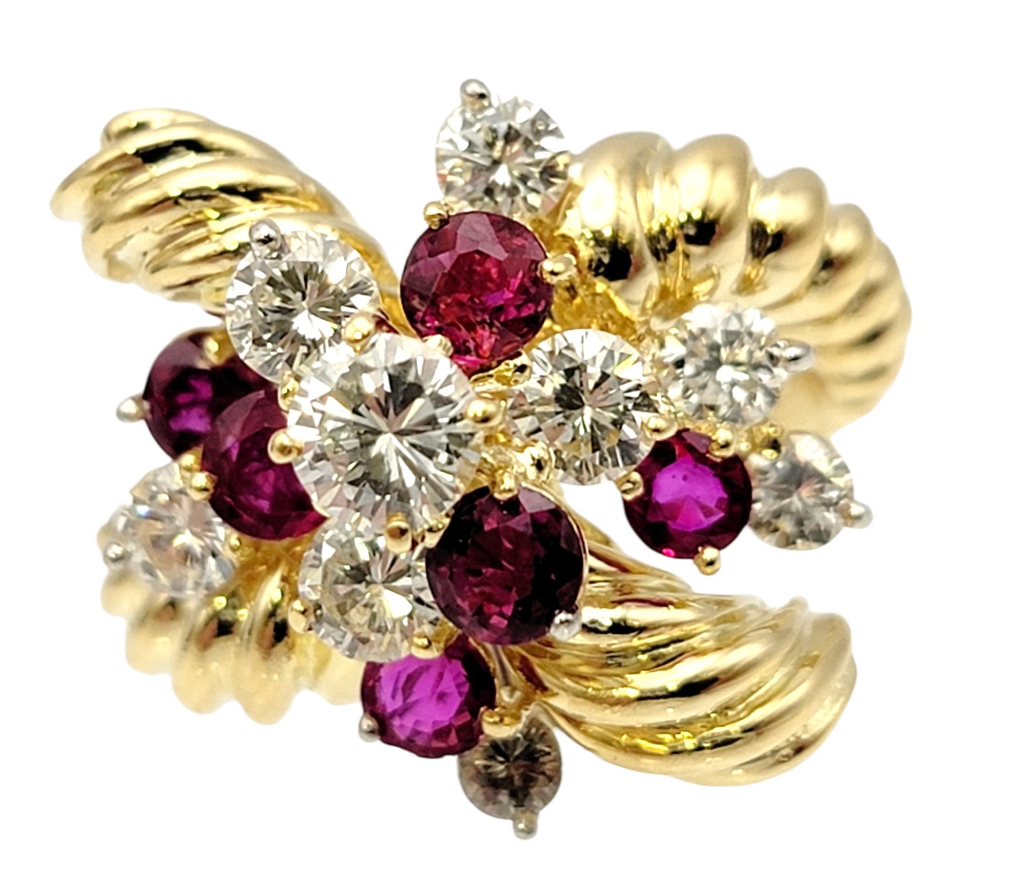 Round Cut Vintage Diamond and Ruby Cluster Spray Ring 18 Karat Yellow Gold Crossover Style For Sale