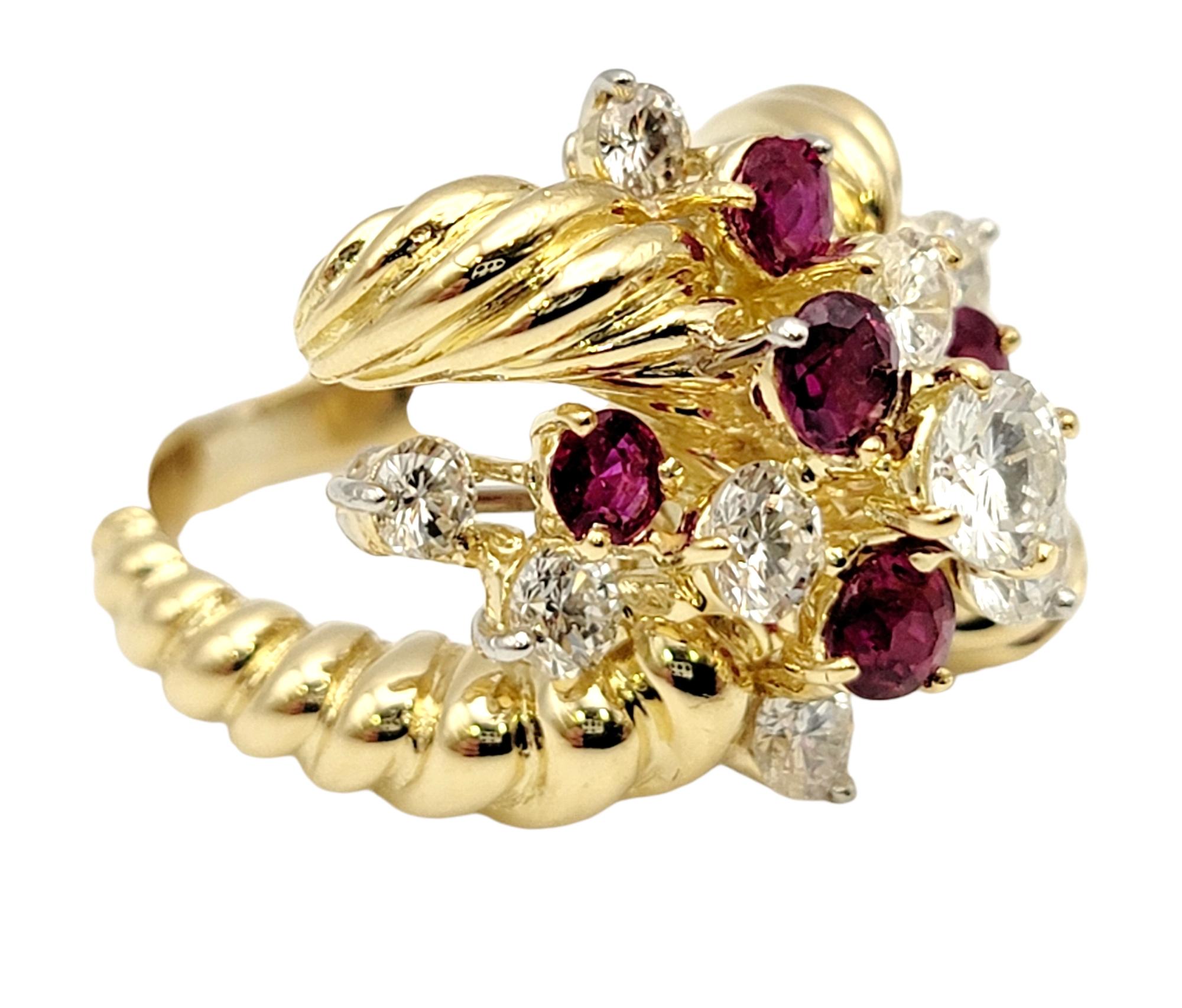 Vintage Diamond and Ruby Cluster Spray Ring 18 Karat Yellow Gold Crossover Style In Good Condition For Sale In Scottsdale, AZ