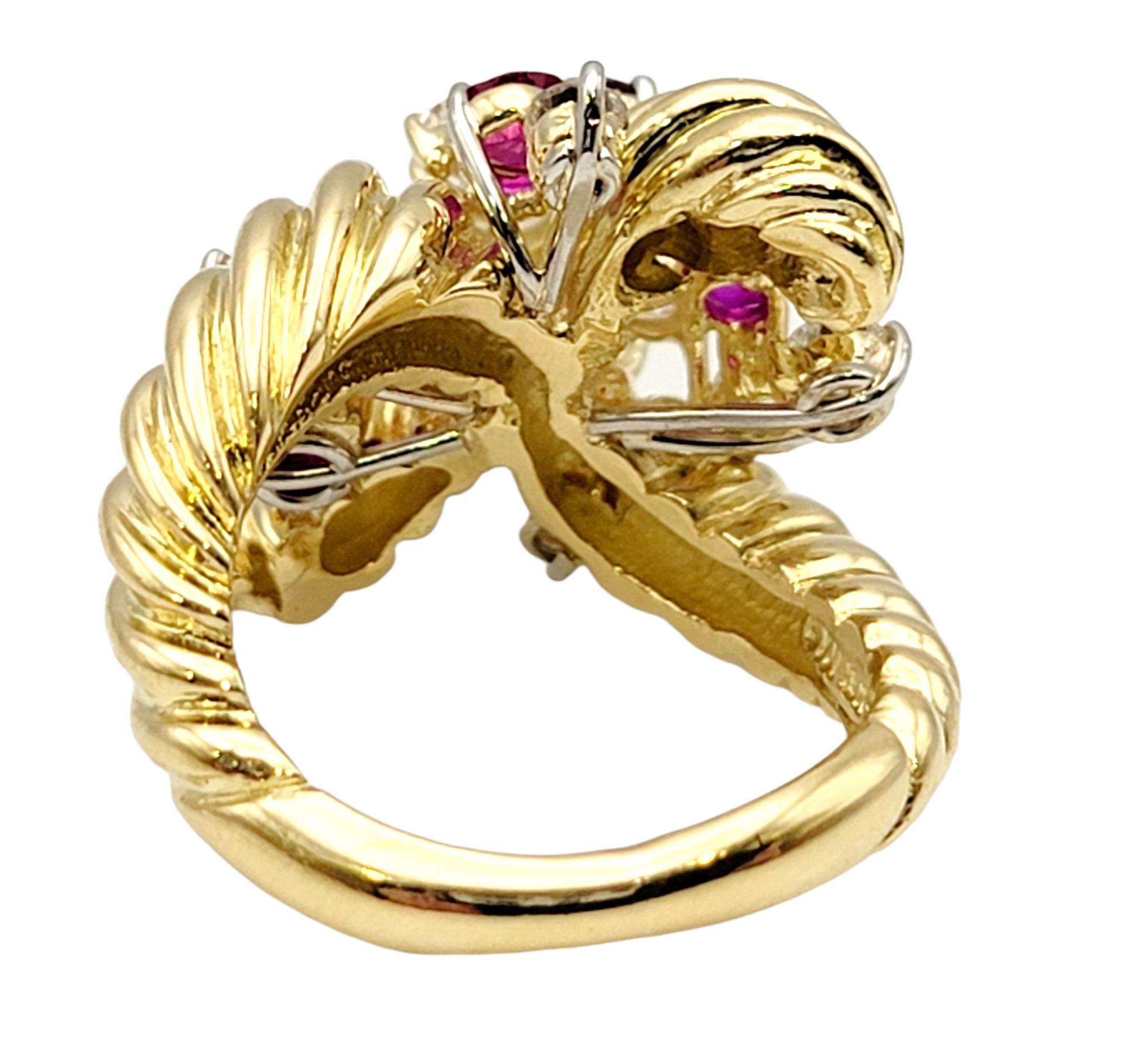 Women's Vintage Diamond and Ruby Cluster Spray Ring 18 Karat Yellow Gold Crossover Style For Sale