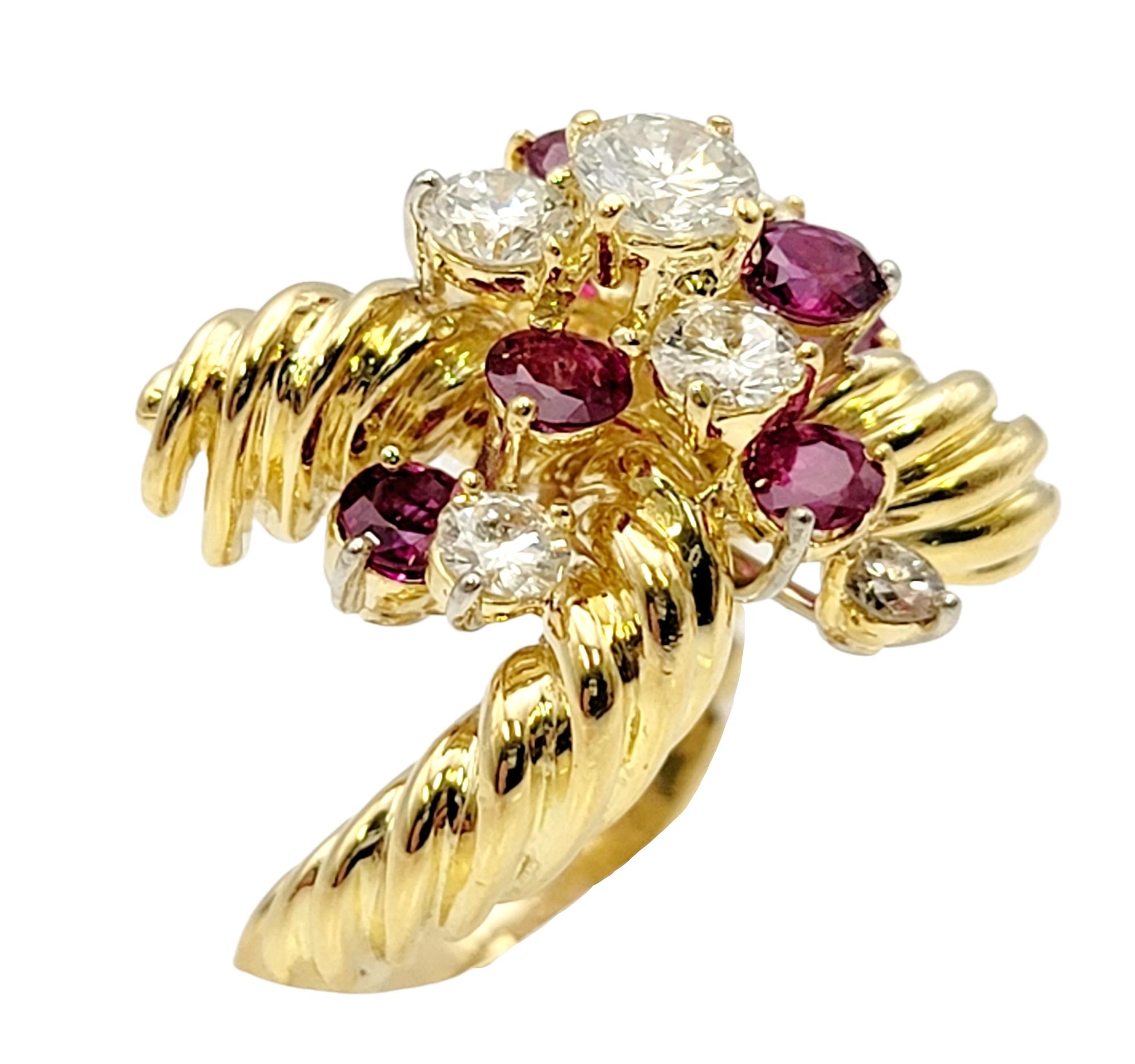 Vintage Diamond and Ruby Cluster Spray Ring 18 Karat Yellow Gold Crossover Style For Sale 1