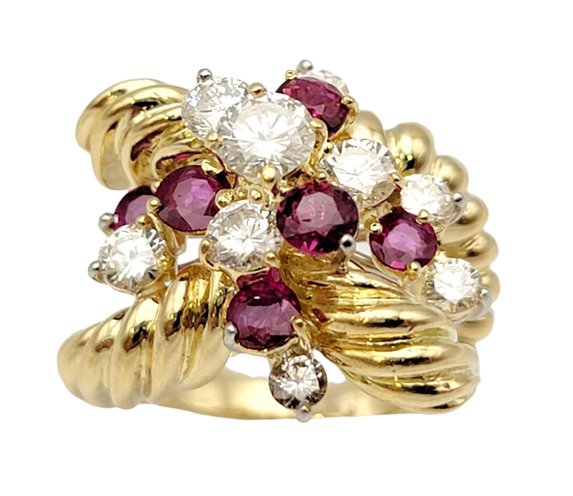 Vintage Diamond and Ruby Cluster Spray Ring 18 Karat Yellow Gold Crossover Style For Sale 2