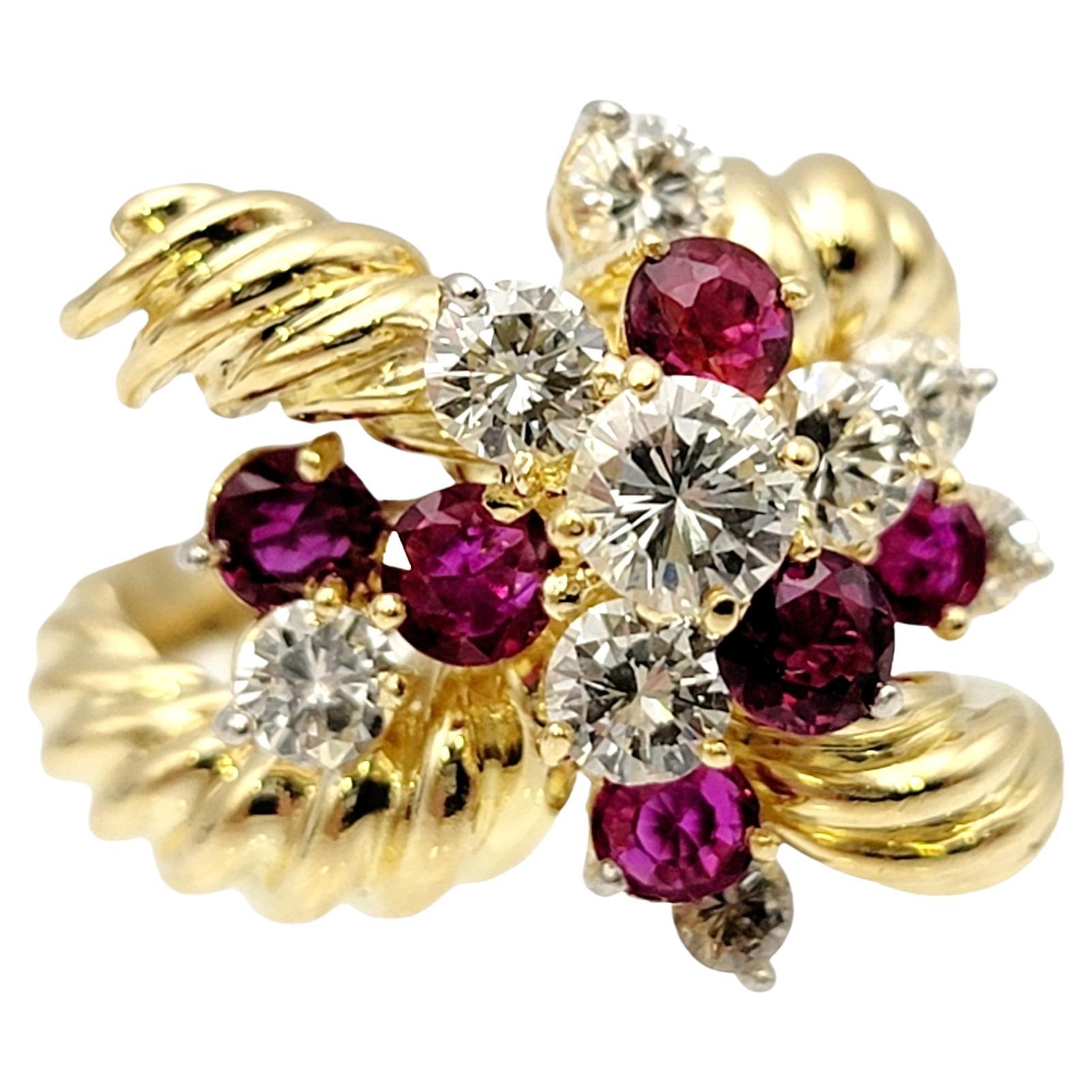 Vintage Diamond and Ruby Cluster Spray Ring 18 Karat Yellow Gold Crossover Style