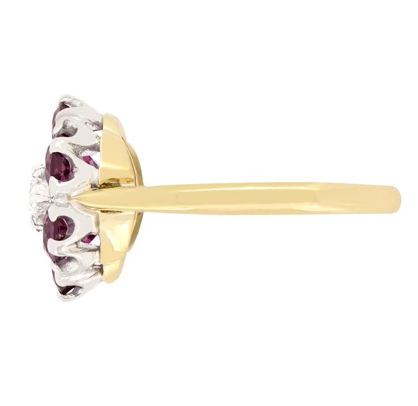 Oval Cut Vintage Diamond and Ruby Flower Ring, c.1950s For Sale