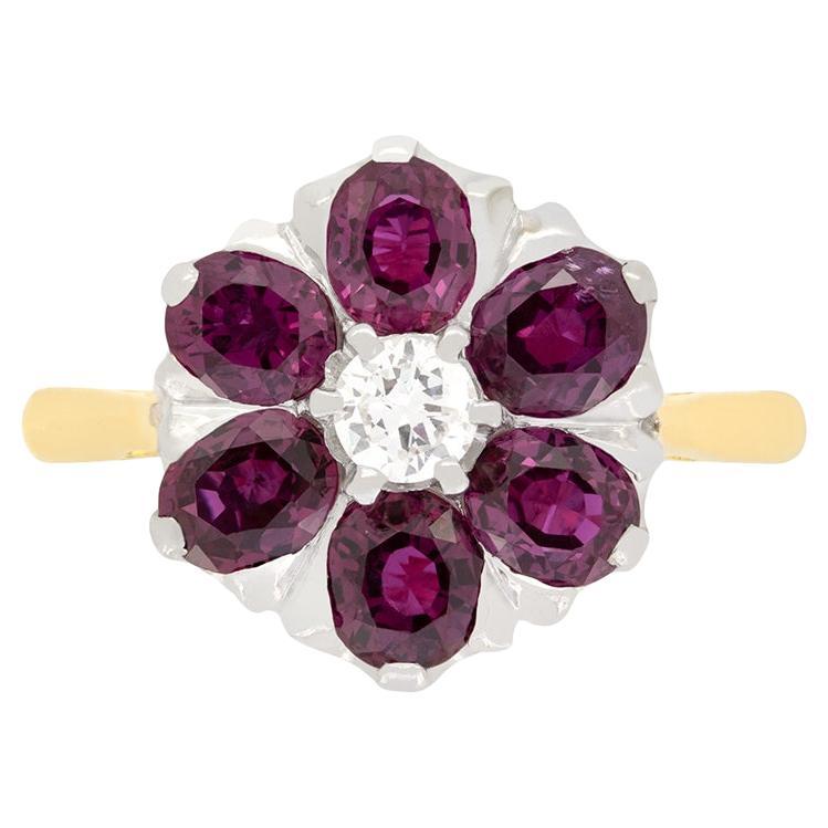 Vintage Diamond and Ruby Flower Ring, c.1950s For Sale