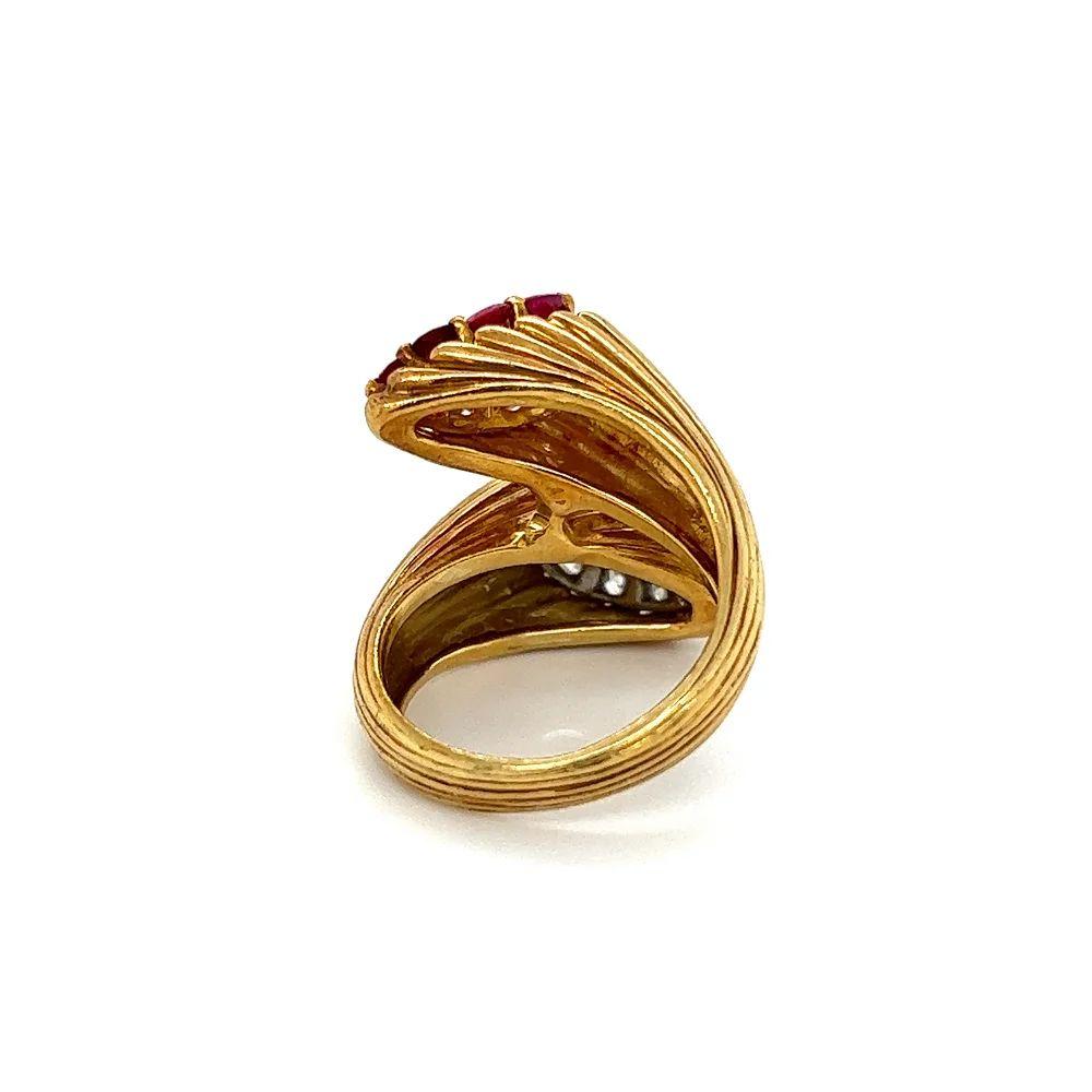 Women's Vintage Diamond and Ruby Fluted Gold Moi et Toi Bypass Retro Ring  For Sale