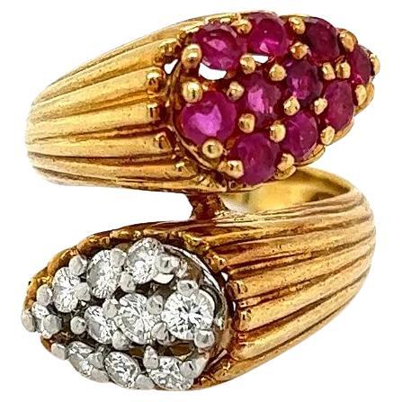 Vintage Diamond and Ruby Fluted Gold Moi et Toi Bypass Retro Ring 