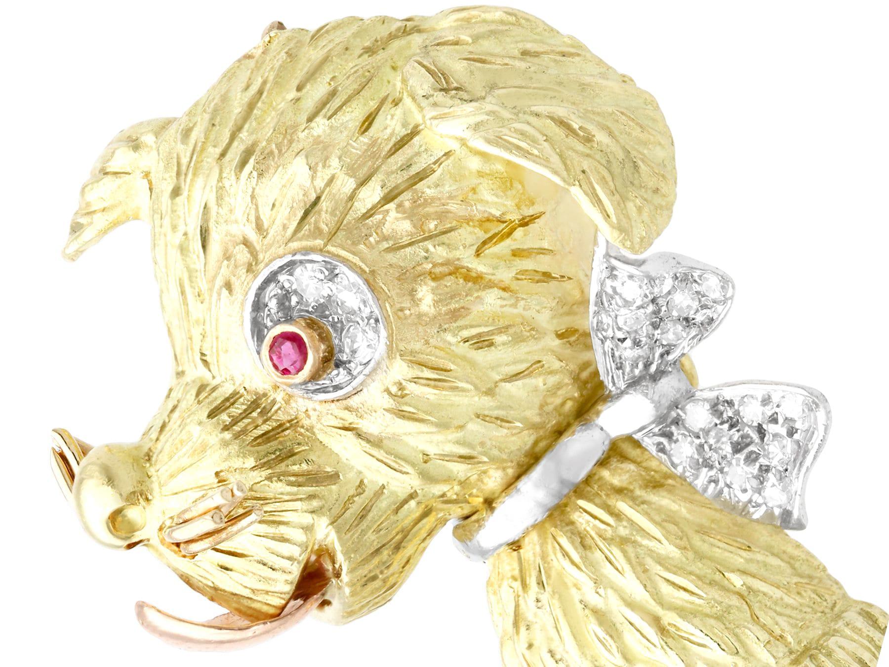 Round Cut Vintage Diamond and Ruby Gold and Platinum Dog Brooch