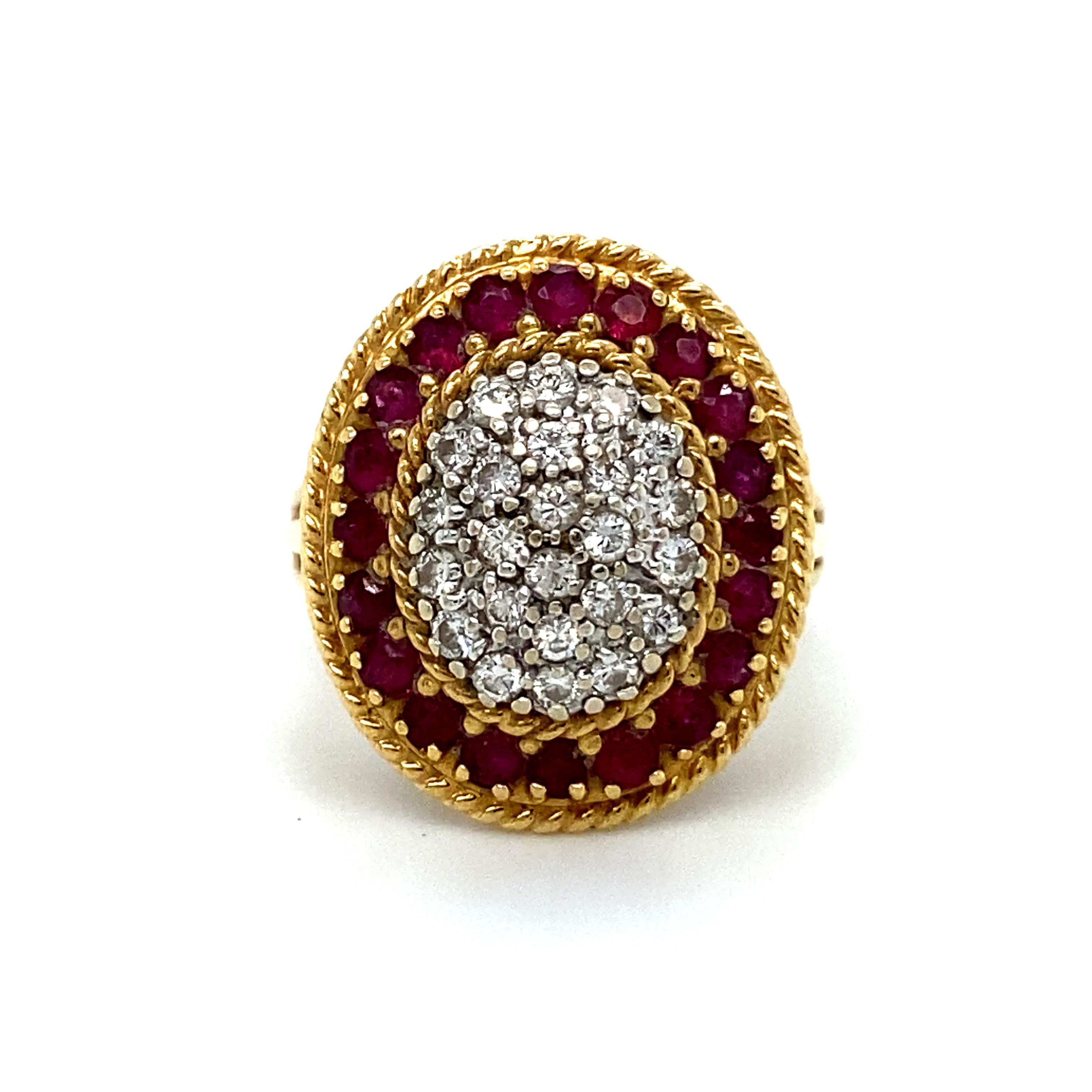 I have seen a lot of Halo Design rings, but never one like this Antique Diamond and Ruby Ring Engagement Ring! It's a One of a Kind, totally Unique, well made, amazing ring! 

Crafted in 18K Yellow Gold, the design is a stunning center cluster of