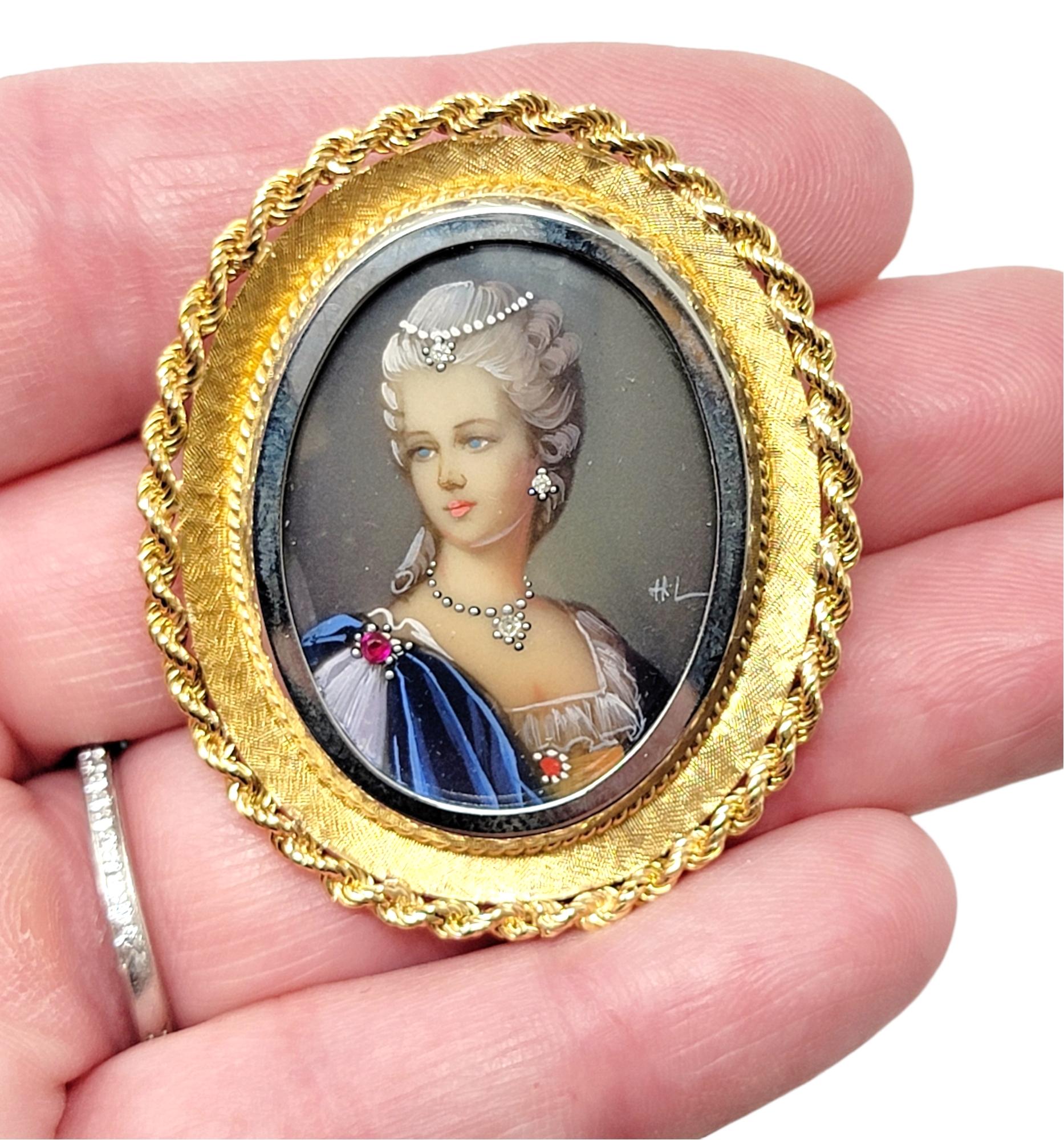 Vintage Diamond and Ruby Lady's Portrait Brooch / Pendant 18 Karat Yellow Gold 5