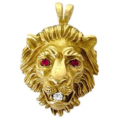 Vintage Diamond and Ruby Lion Head Pendant