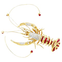 Vintage Diamond and Ruby Lobster Brooch Pin