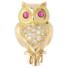 Vintage Diamond and Ruby Owl Brooch in Yellow Gold