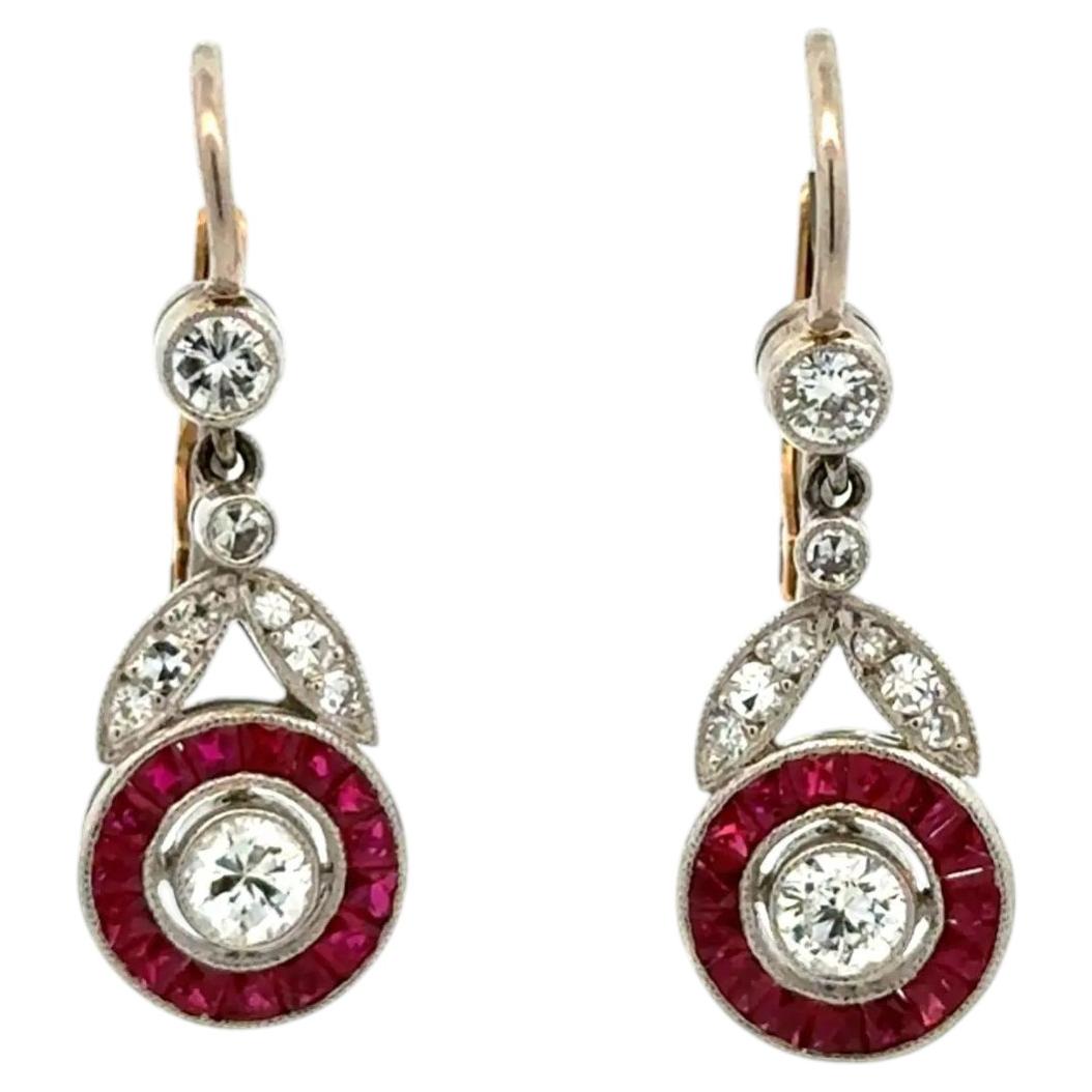 Vintage Diamond and Ruby Platinum Drop Earrings Estate Fine Jewelry