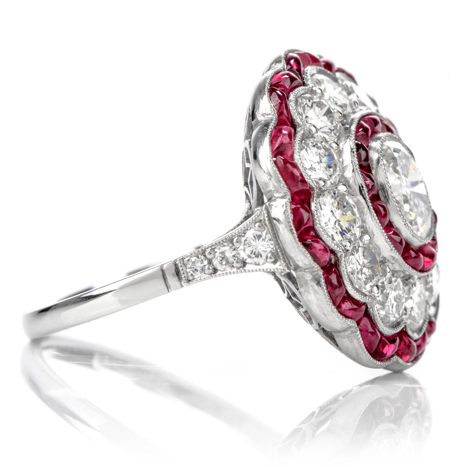 This 1950'S art deco style Cocktail ring was inspired in a Halo motif

and crafted in Platinum.Adorning the center is an oval cut Diamond weighing appx. 0.60 carat and is G-H color and VS2-SI1 clarity.  Layers of cabachon cut baguette Rubies and