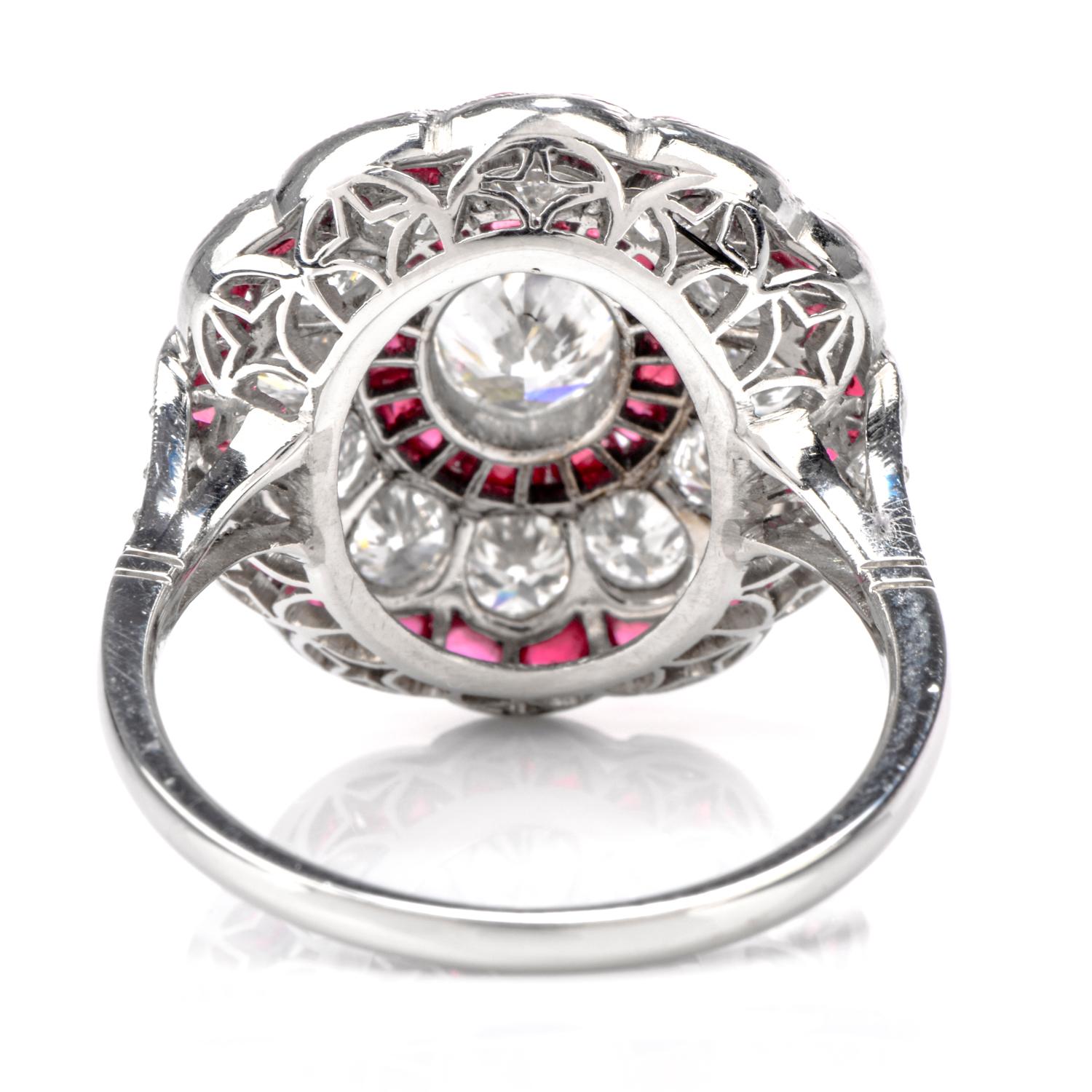 Oval Cut Vintage Diamond and Ruby Platinum Halo Cocktail Ring