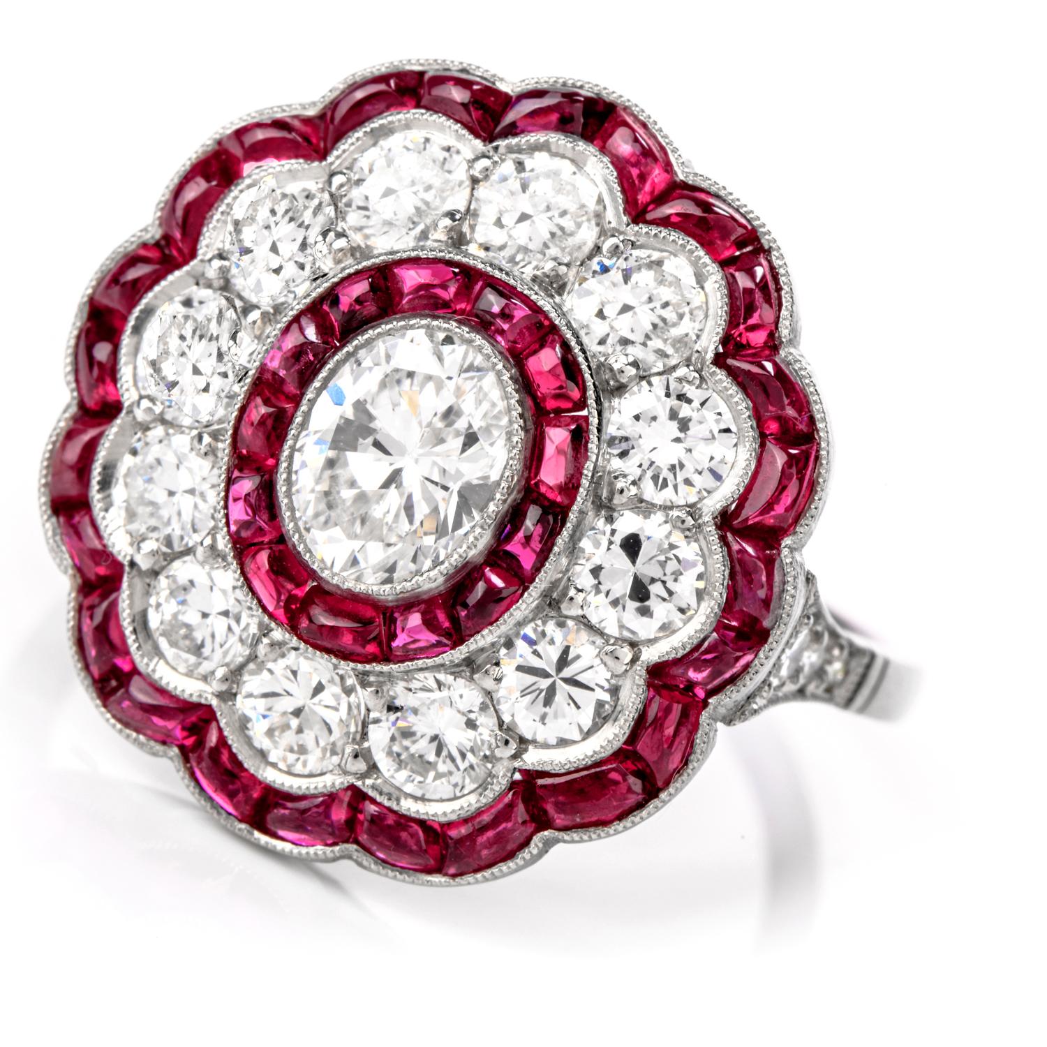 Vintage Diamond and Ruby Platinum Halo Cocktail Ring In Excellent Condition In Miami, FL