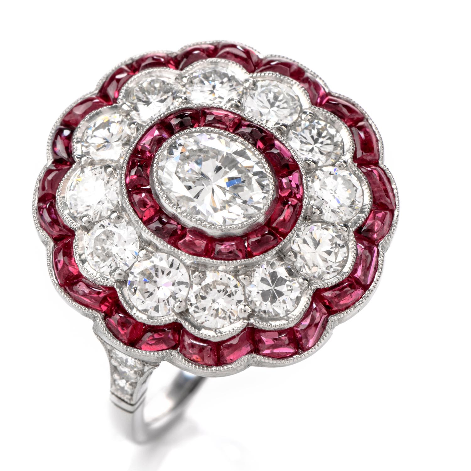 Women's Vintage Diamond and Ruby Platinum Halo Cocktail Ring