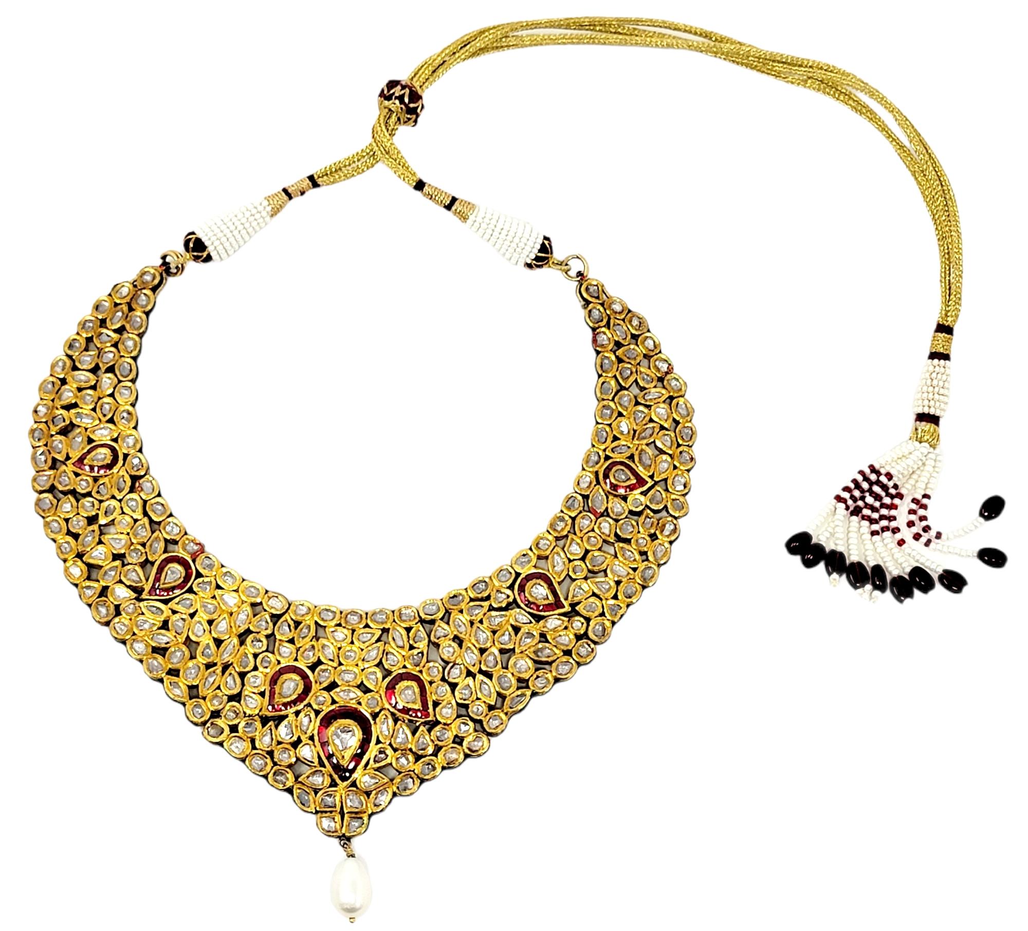Vintage Diamond and Ruby Polki Bib Necklace with Pearl Drop in 18 Karat Gold For Sale 2
