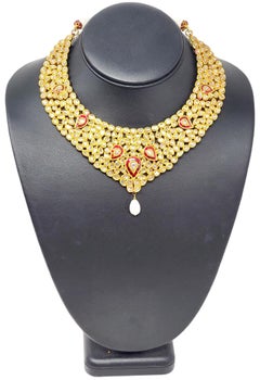 Vintage Diamond and Ruby Polki Bib Necklace with Pearl Drop in 18 Karat Gold