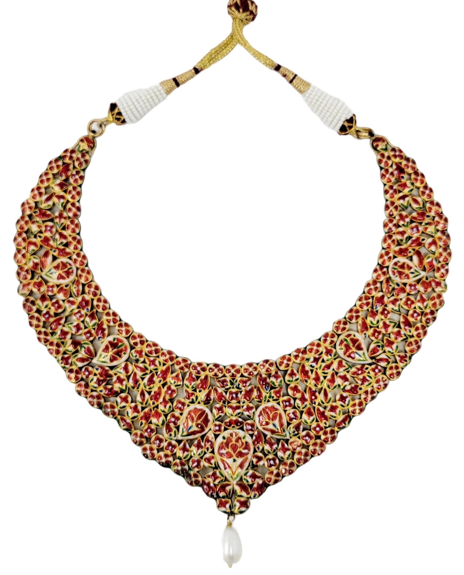 Rose Cut Vintage Diamond and Ruby Polki Bib Necklace with Pearl Drop in 18 Karat Gold For Sale