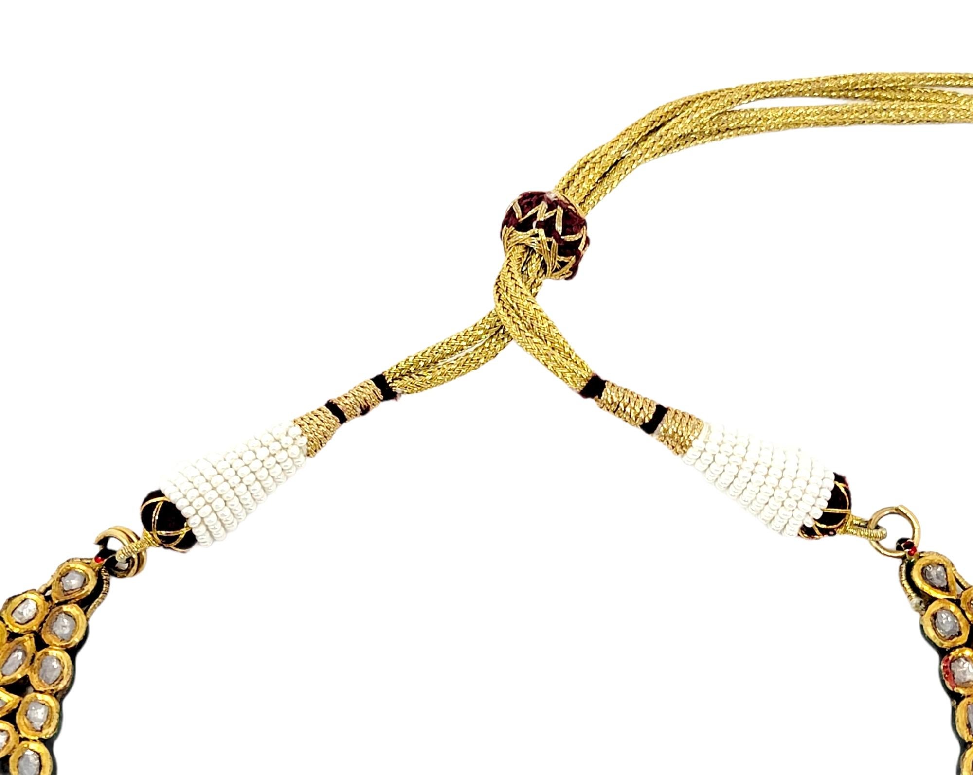 Vintage Diamond and Ruby Polki Bib Necklace with Pearl Drop in 18 Karat Gold For Sale 1