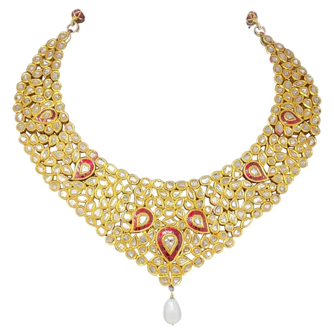 Vintage Diamond and Ruby Polki Bib Necklace with Pearl Drop in 18 Karat Gold For Sale