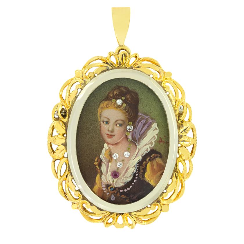 Diamant- und Rubin-Porträt-Anhänger im Vintage-Stil, gestempelt 1981 (Viktorianisch) im Angebot