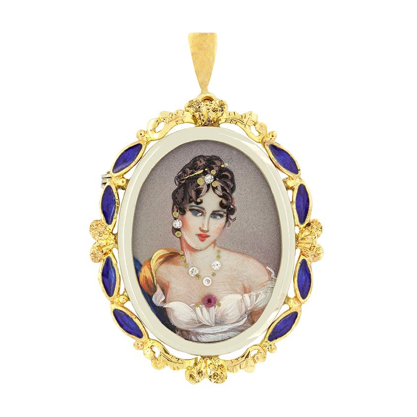 Taglio brillante Ciondolo ritratto con diamanti e rubini d'epoca, con marchio di garanzia 1981 in vendita