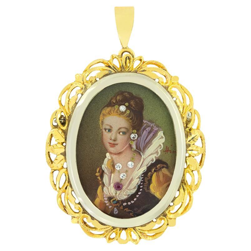 Vintage diamond and ruby portrait pendant, hallmarked 1981