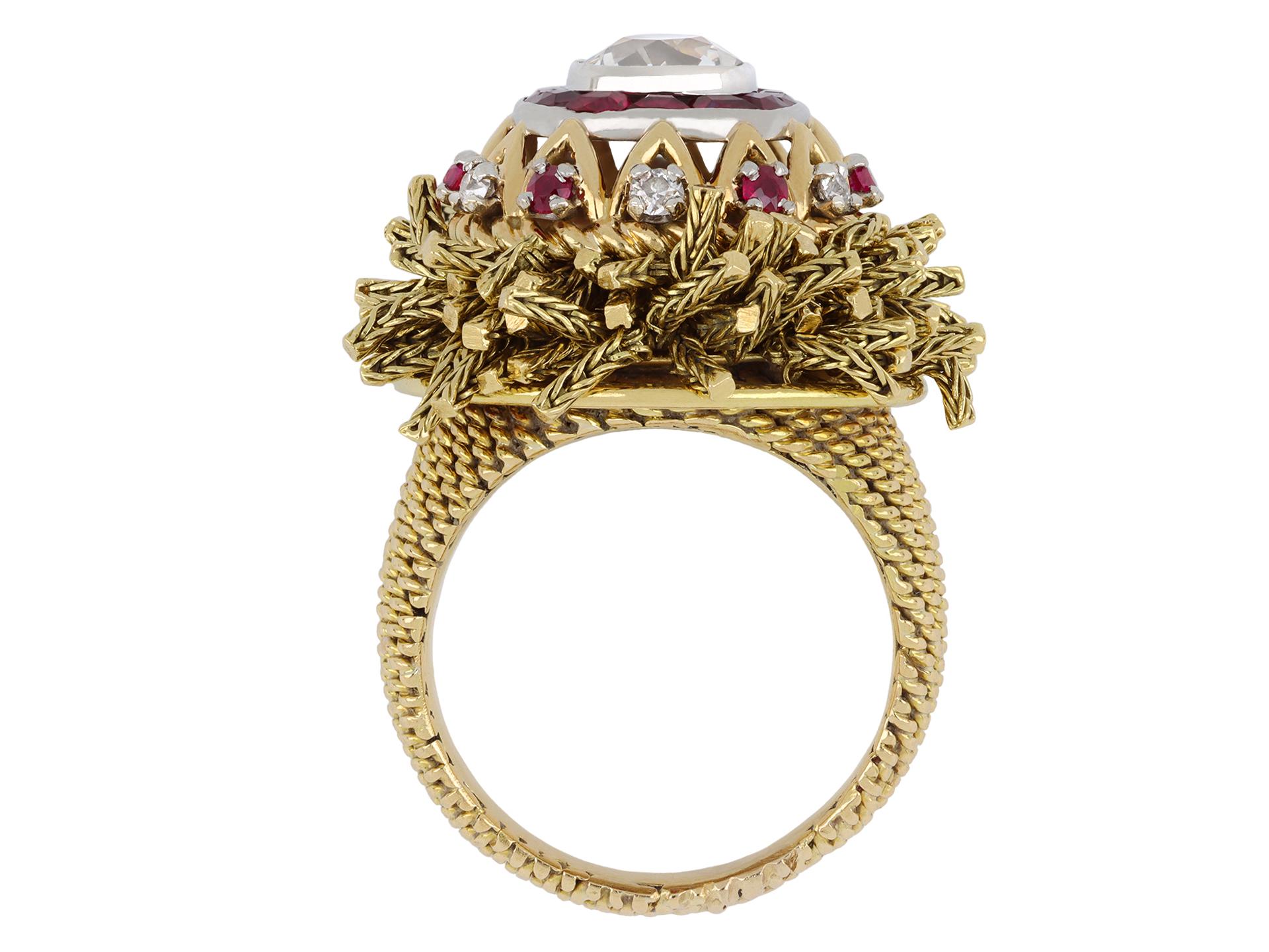 Old Mine Cut Vintage Diamond and Ruby Ring by Sterlé, circa 1950 For Sale