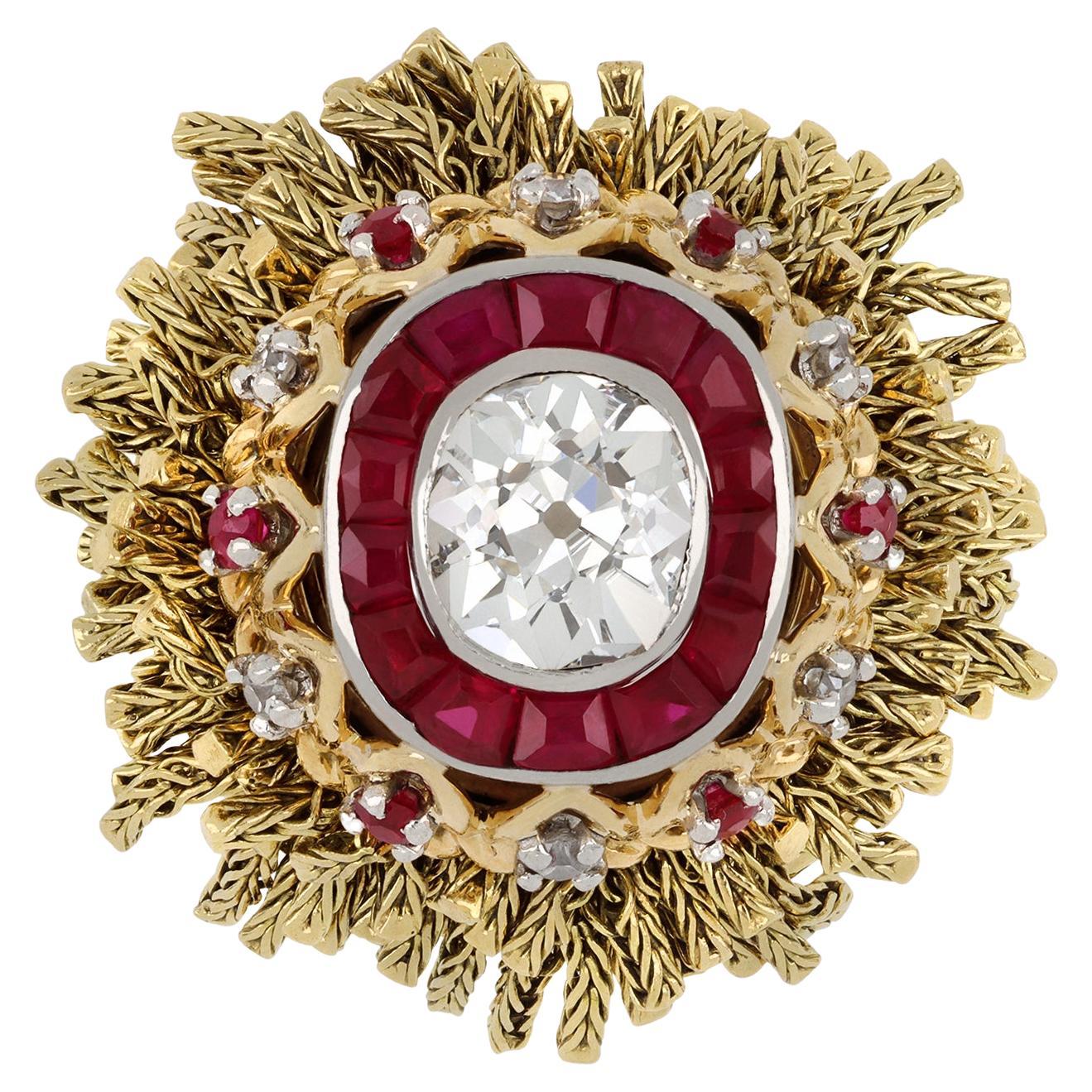 Anillo vintage de diamantes y rubíes de Sterlé, circa 1950