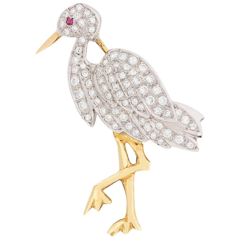 Vintage Diamond and Ruby Stork Brooch, circa 1950s For Sale