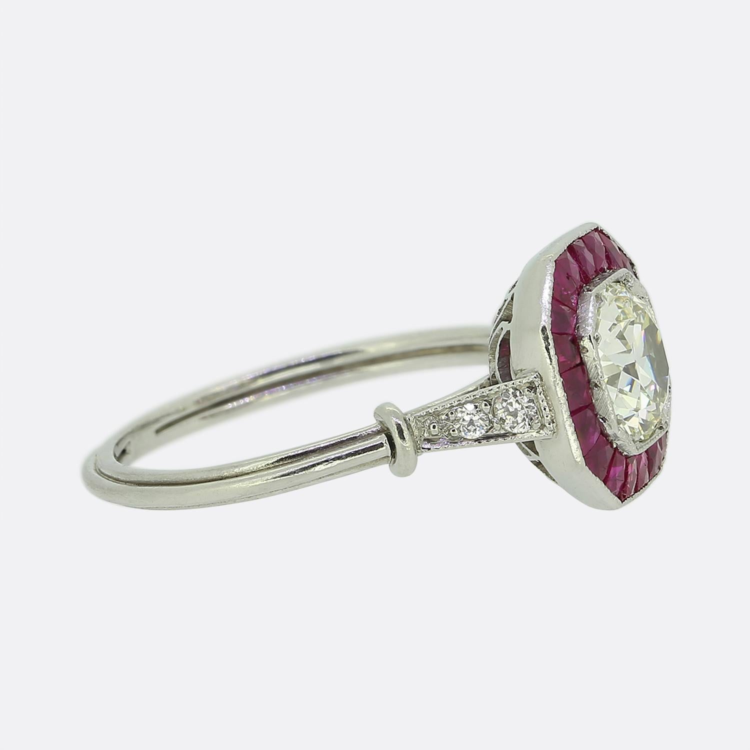 Round Cut Vintage Diamond and Ruby Target Ring For Sale