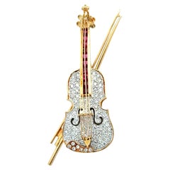 Vintage Diamond and Ruby Violin and Bow Gold Brooch Pin Pendant