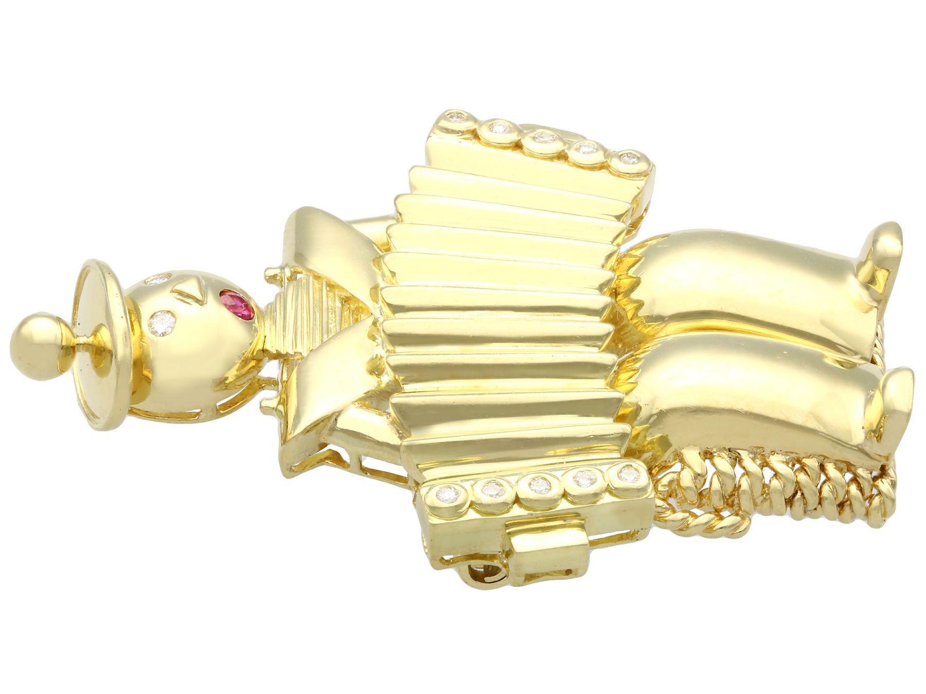 A fine and impressive vintage 0.14 carat diamond and 0.03 carat ruby, 18 karat gold brooch; part of our diverse gemstone jewellery collections.

This fine and impressive vintage brooch has been crafted in 18k yellow gold.

The brooch has been