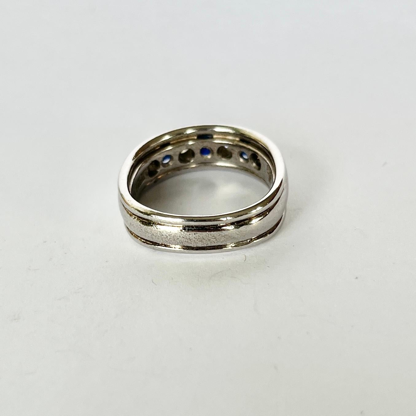 Vintage Diamond and Sapphire 18 Carat White Gold Band In Good Condition For Sale In Chipping Campden, GB