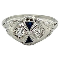 Vintage Diamond and Sapphire Art Deco Platinum Ring Estate Fine Jewelry