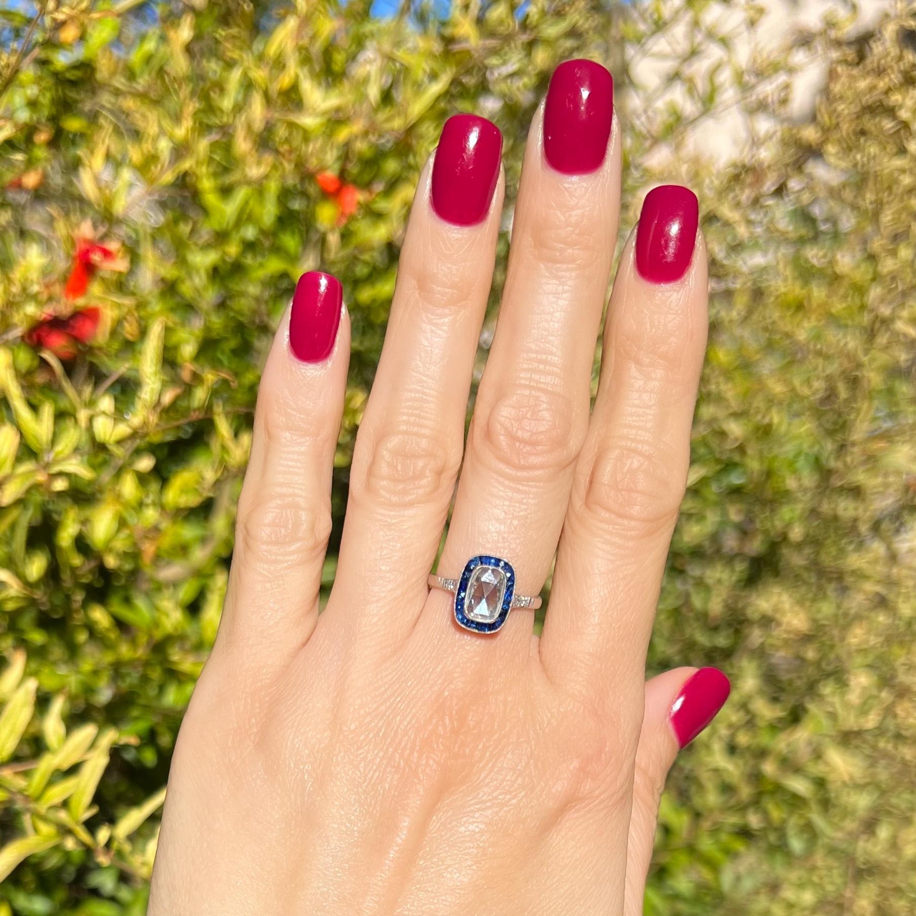 Mixed Cut Vintage Diamond and Sapphire Art Deco Revival Platinum Ring Estate Fine Jewelry For Sale