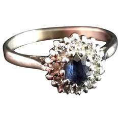 Vintage Diamond and Sapphire Cluster Ring, 18 Karat White Gold, c1940s