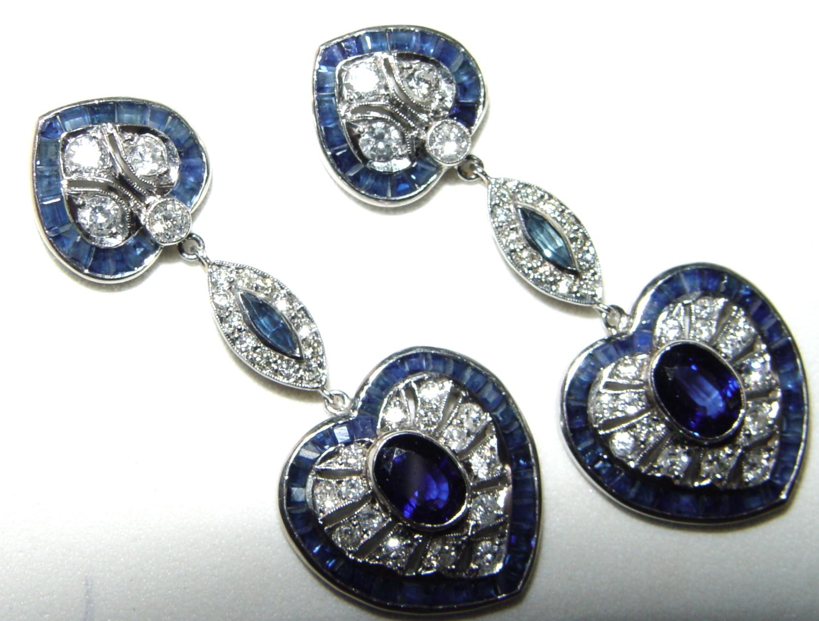 Vintage Diamond and Sapphire Filigree Platinum Earrings 46MM For Sale 6