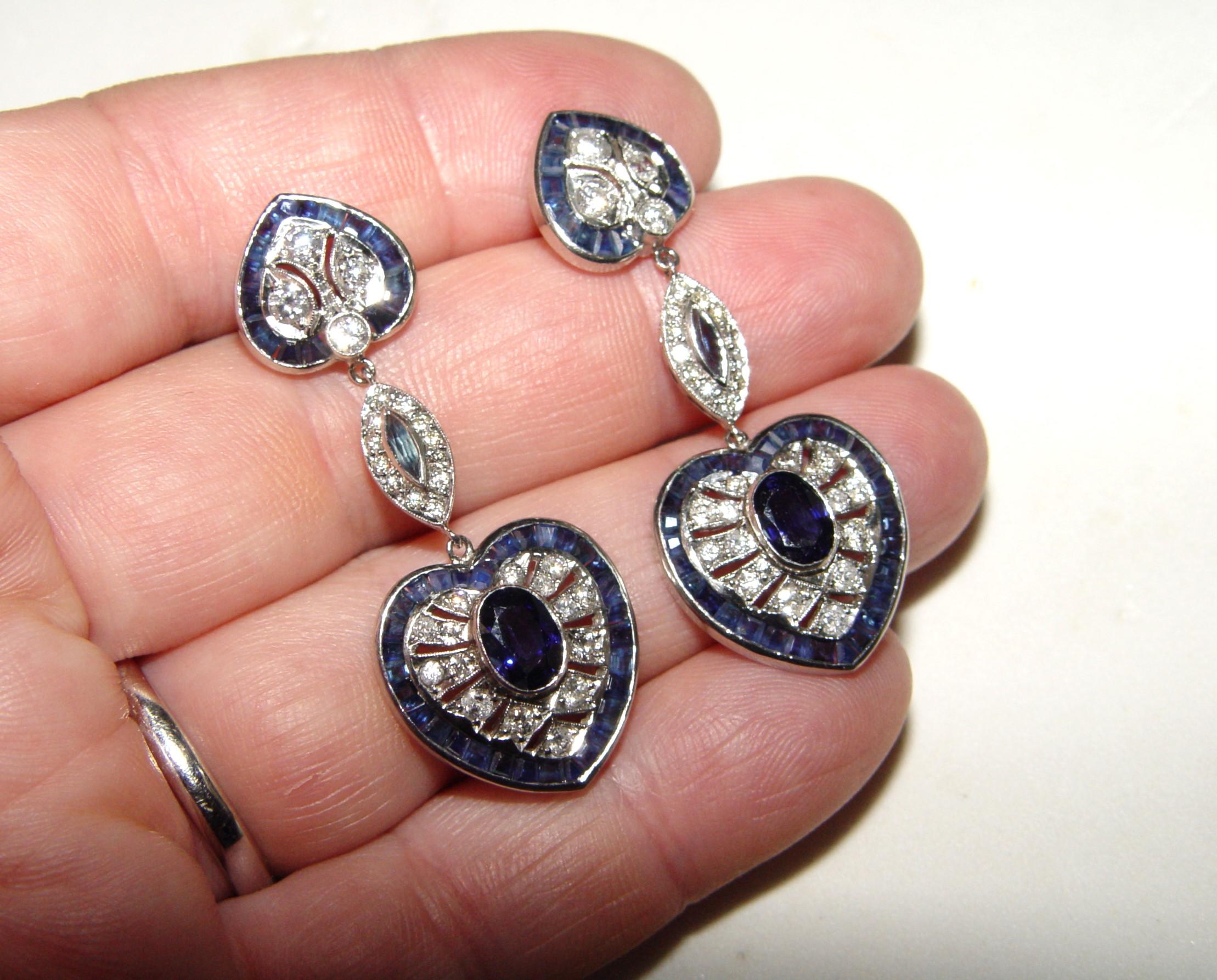 Vintage Diamond and Sapphire Filigree Platinum Earrings 46MM For Sale 8