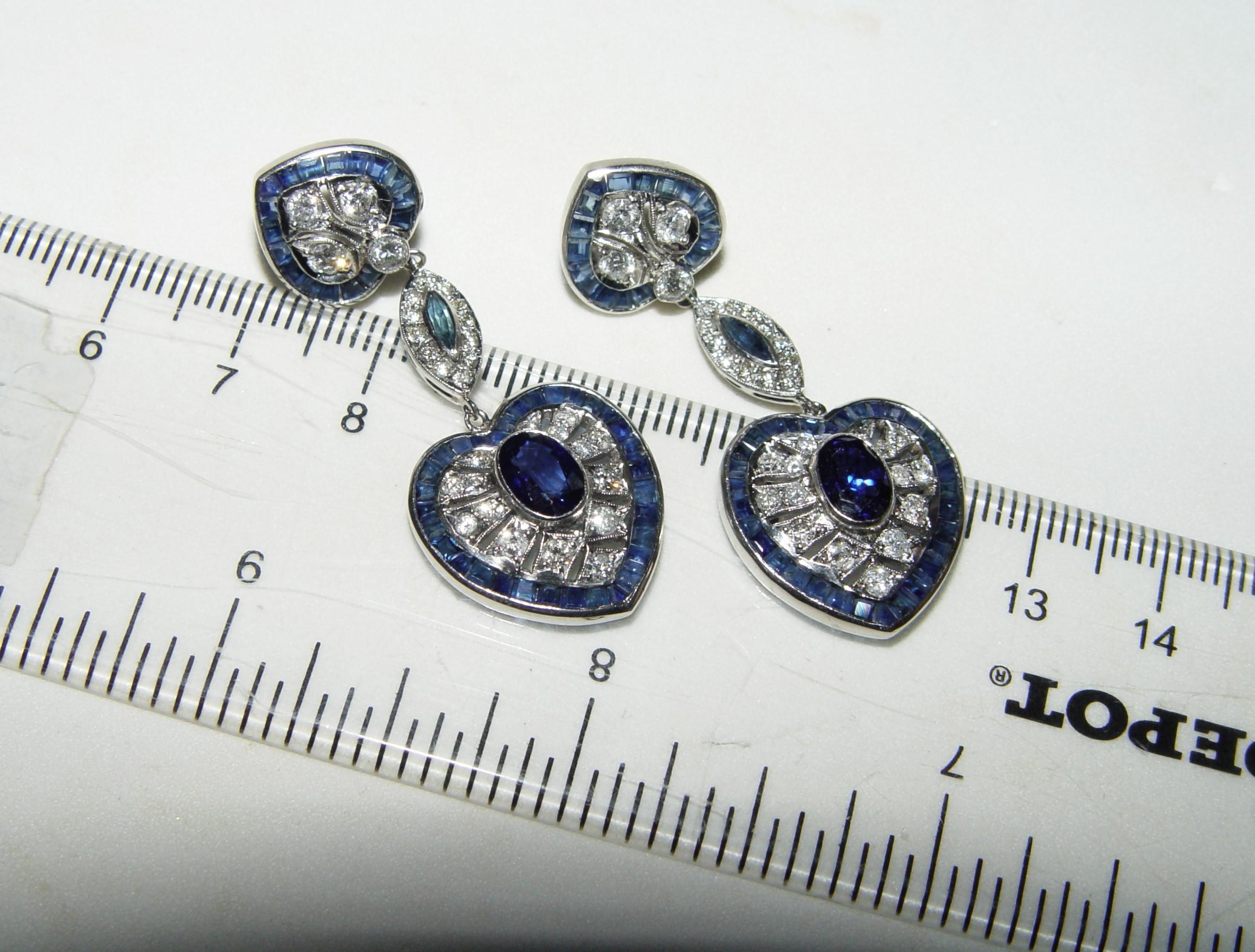 Vintage Diamond and Sapphire Filigree Platinum Earrings 46MM For Sale 9