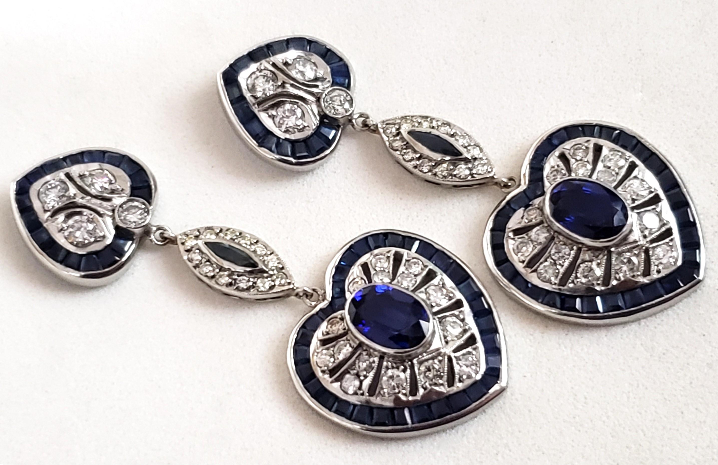 Art Deco Vintage Diamond and Sapphire Filigree Platinum Earrings 46MM For Sale