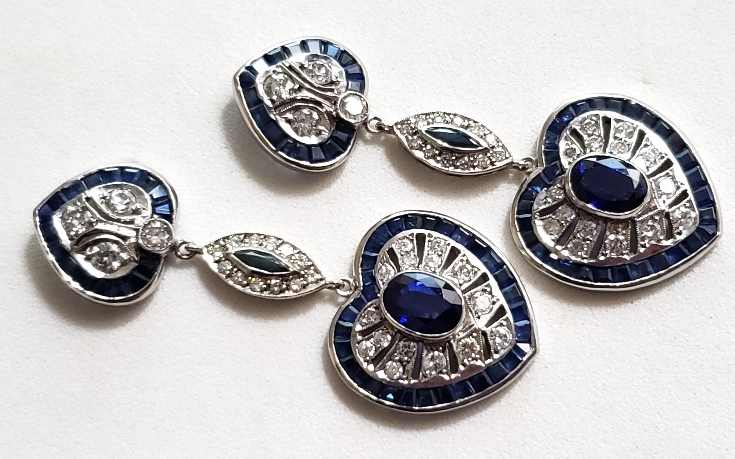 Round Cut Vintage Diamond and Sapphire Filigree Platinum Earrings 46MM For Sale