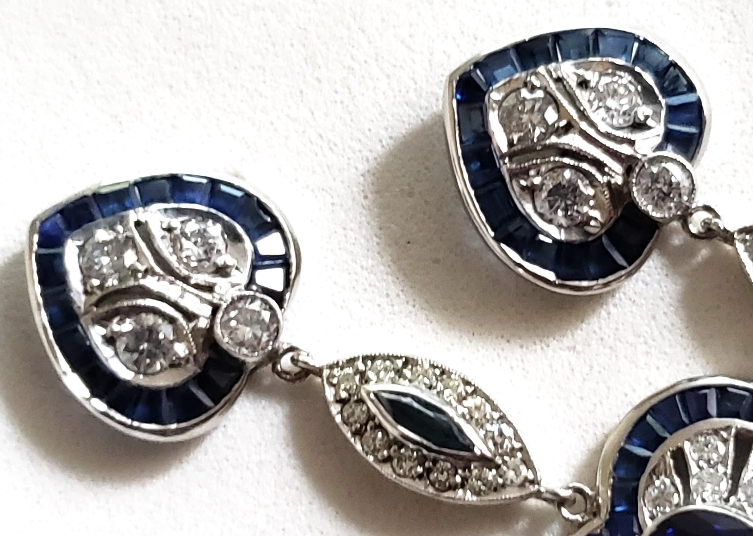 Vintage Diamond and Sapphire Filigree Platinum Earrings 46MM In Good Condition For Sale In Chicago, IL