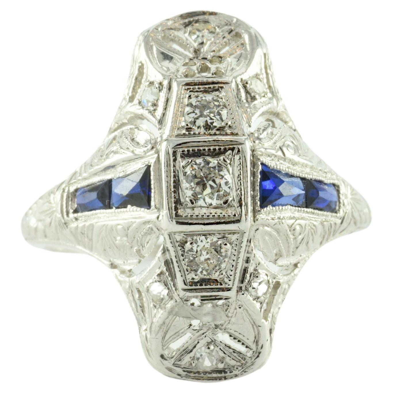 Vintage Diamond and Sapphire Navette Dinner Ring For Sale