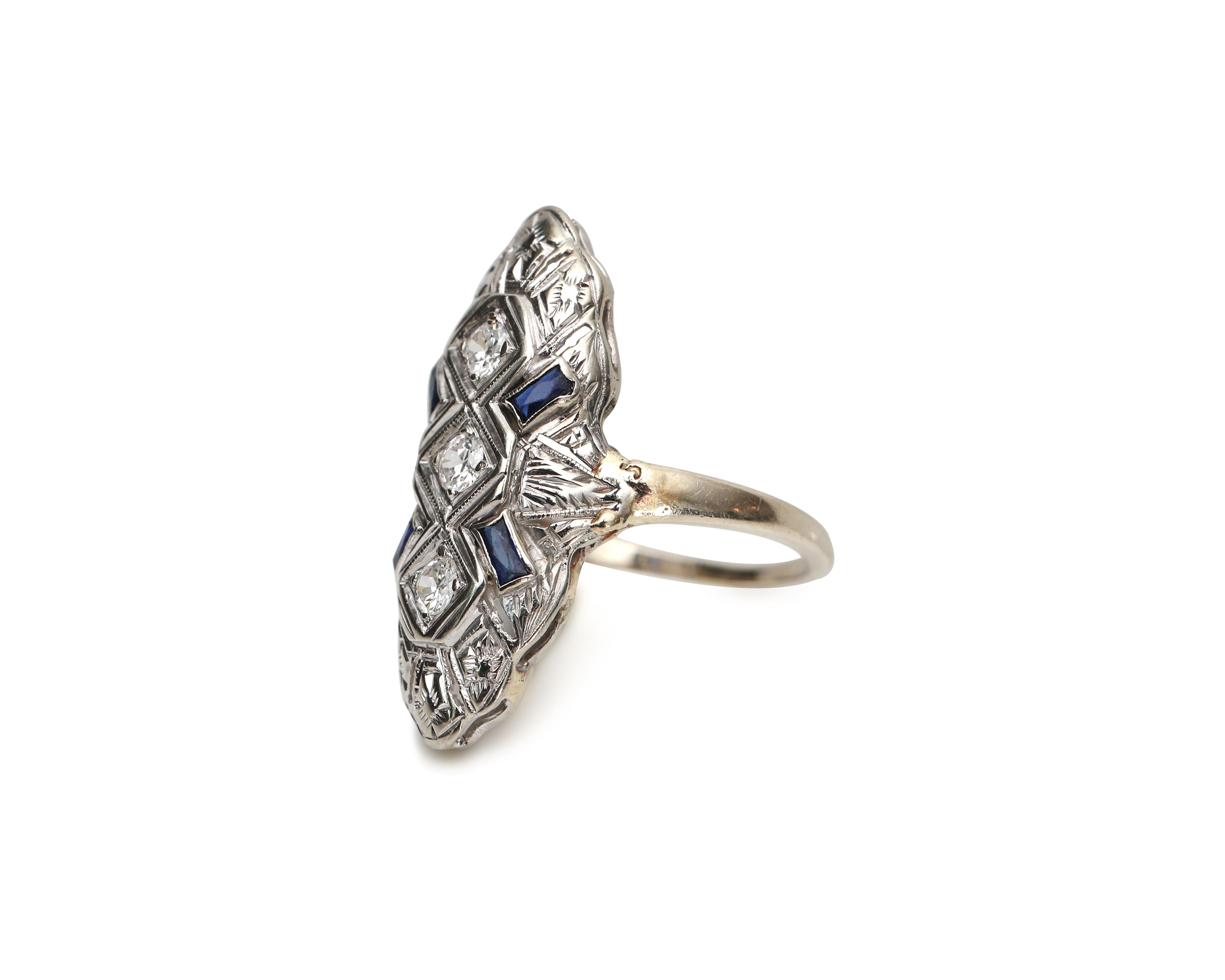 Women's Vintage Diamond and Sapphire Navette Shield 14 Karat White Gold Ring