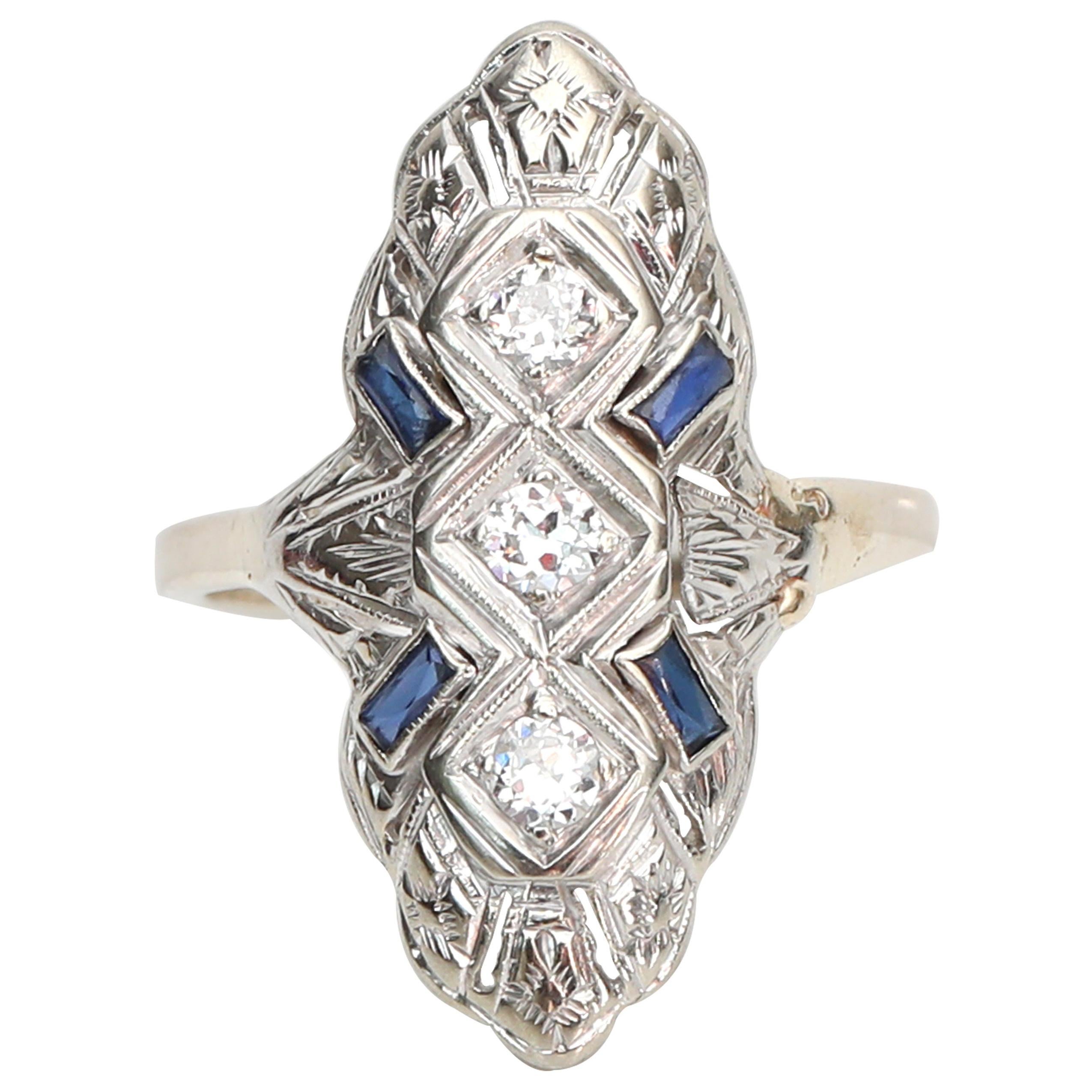 Vintage Diamond and Sapphire Navette Shield 14 Karat White Gold Ring