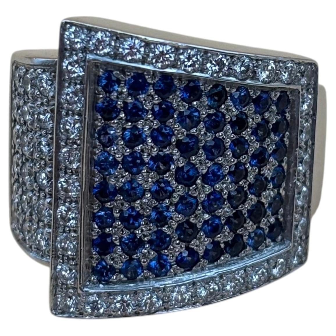 Vintage Diamond and Sapphire Pavé Shield Ring in 18k White Gold